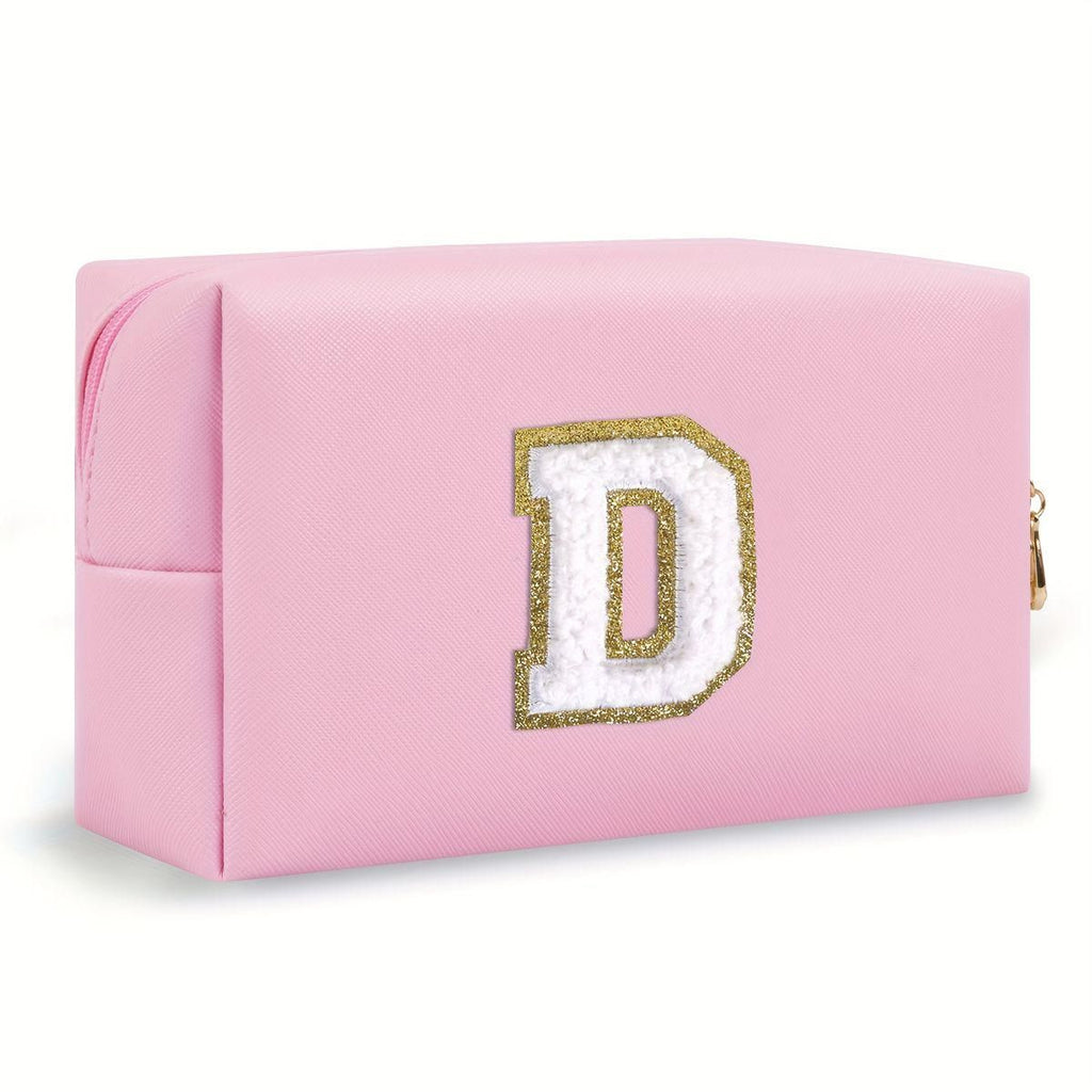 Pink lightweight nylon makeup bag with chenille letter patch