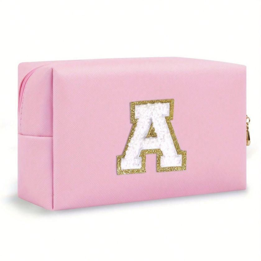 Pink lightweight nylon makeup bag with chenille letter patch