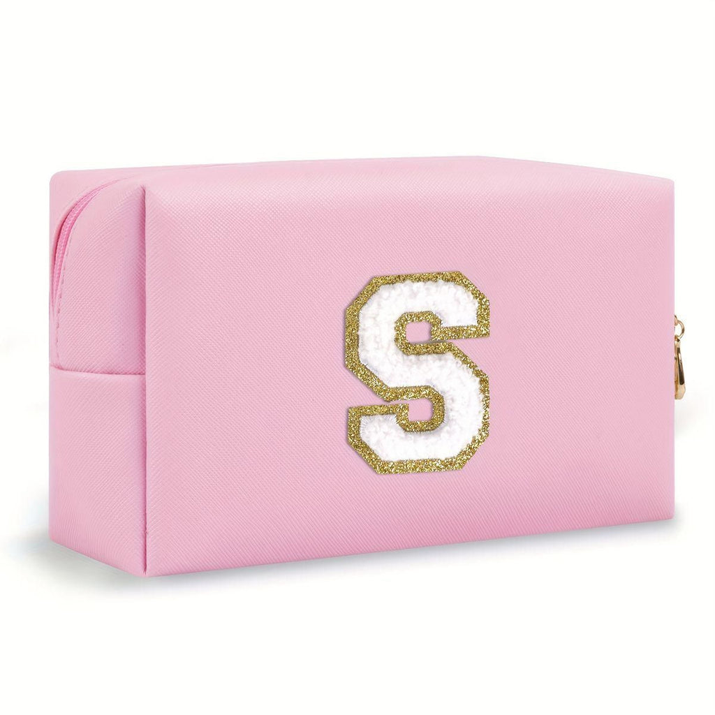 Pink lightweight nylon makeup bag with chenille letter patch