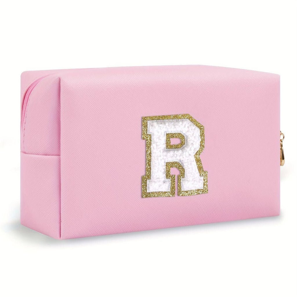 Pink lightweight nylon makeup bag with chenille letter patch