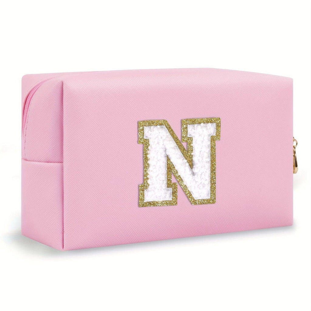 Pink lightweight nylon makeup bag with chenille letter patch