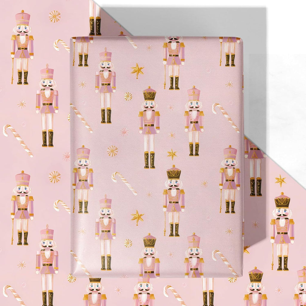 Pink Nutcracker Christmas Wrapping Paper - 4 Jumbo Sheets, 28 * 40 Inches - Elegant Xmas Gift Wrap with Soldiers, Candy Canes and Stars, Perfect for Kids Adults Christmas