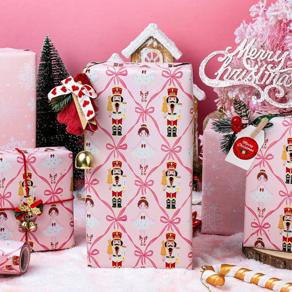 Pink Nutcracker Wrapping Paper, Pastel Girl Wrapping Paper, Reversible Girly Bow, Nutcracker Theme Christmas Gift Wrap for Gift Packaging, Holiday Presents (Mini Roll, 17 Inch X 33 Feet)