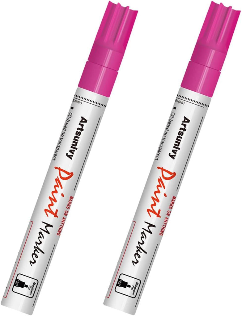Pink Paint Pens Permanent Markers - 2 Pack Paint Markers for Metal, Rubber,Wood, Rocks, Canvas, Plastic, Dark Surface, Craft Art Supplies, Medium Tip, Quick Dry, Waterproof