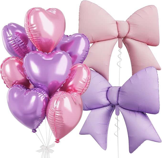 Pink Purple Heart Balloons, Foil Bow Balloons, 10Pcs 18 Inch Heart Shaped Balloon and 38 Inch Helium Purple Pink Bow Balloon for Girls Women Birthday Valentines Baby Shower Bridal Wedding Decor