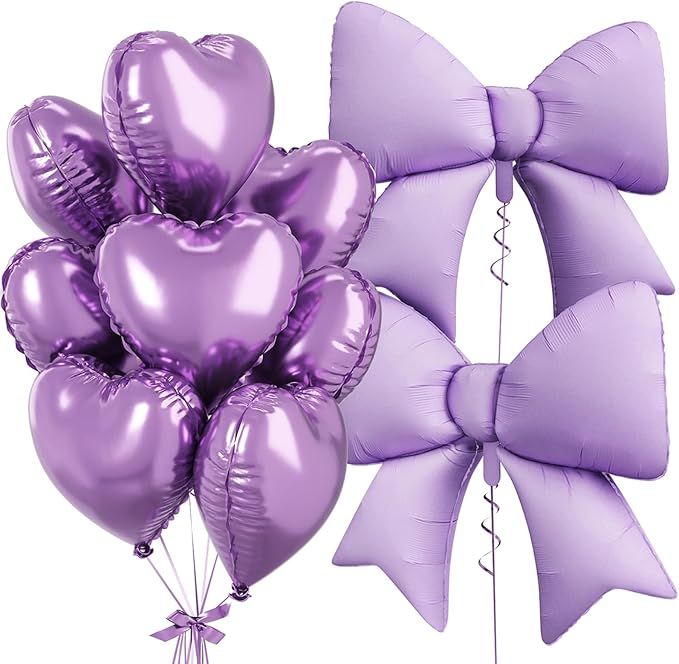 Pink Purple Heart Balloons, Foil Bow Balloons, 10Pcs 18 Inch Heart Shaped Balloon and 38 Inch Helium Purple Pink Bow Balloon for Girls Women Birthday Valentines Baby Shower Bridal Wedding Decor