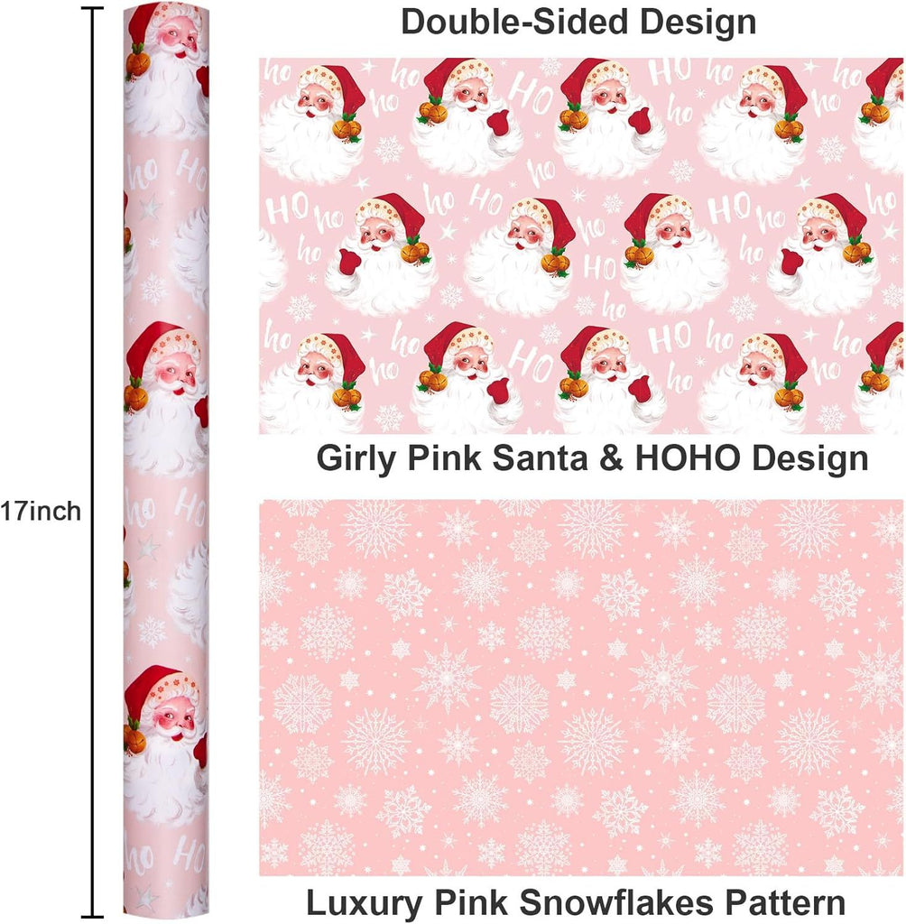 Pink Santa Wrapping Paper, Girl Christmas Wrapping Paper, Reversible Vintage Santa Claus, Snowflakes Theme Christmas Gift Wrap for Holiday Present Packaging (Mini Roll, 17 Inch X 33 Feet)