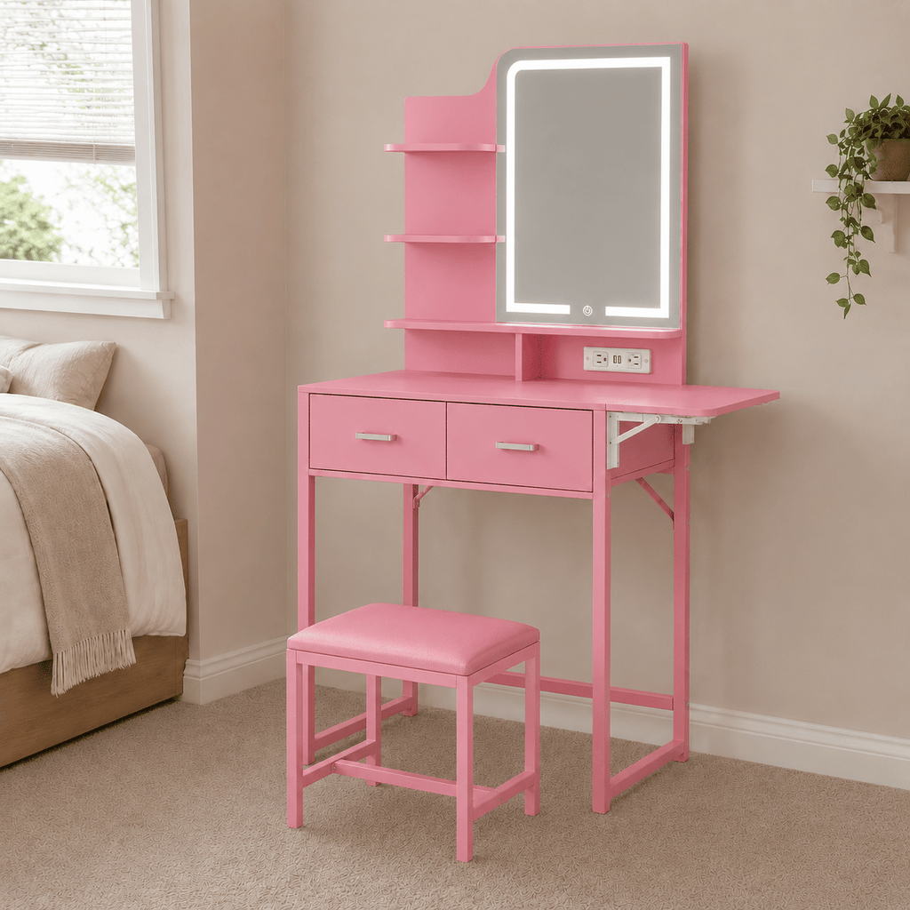 Pink Vanity Desk with Lighted Mirror and Fold-Up Panel, Small Makeup Vanity Table with Fabric Storage Drawers, 3-Tier Shelves, Power Outlet & USB Ports, Includes Cushioned Stool for Bedroom