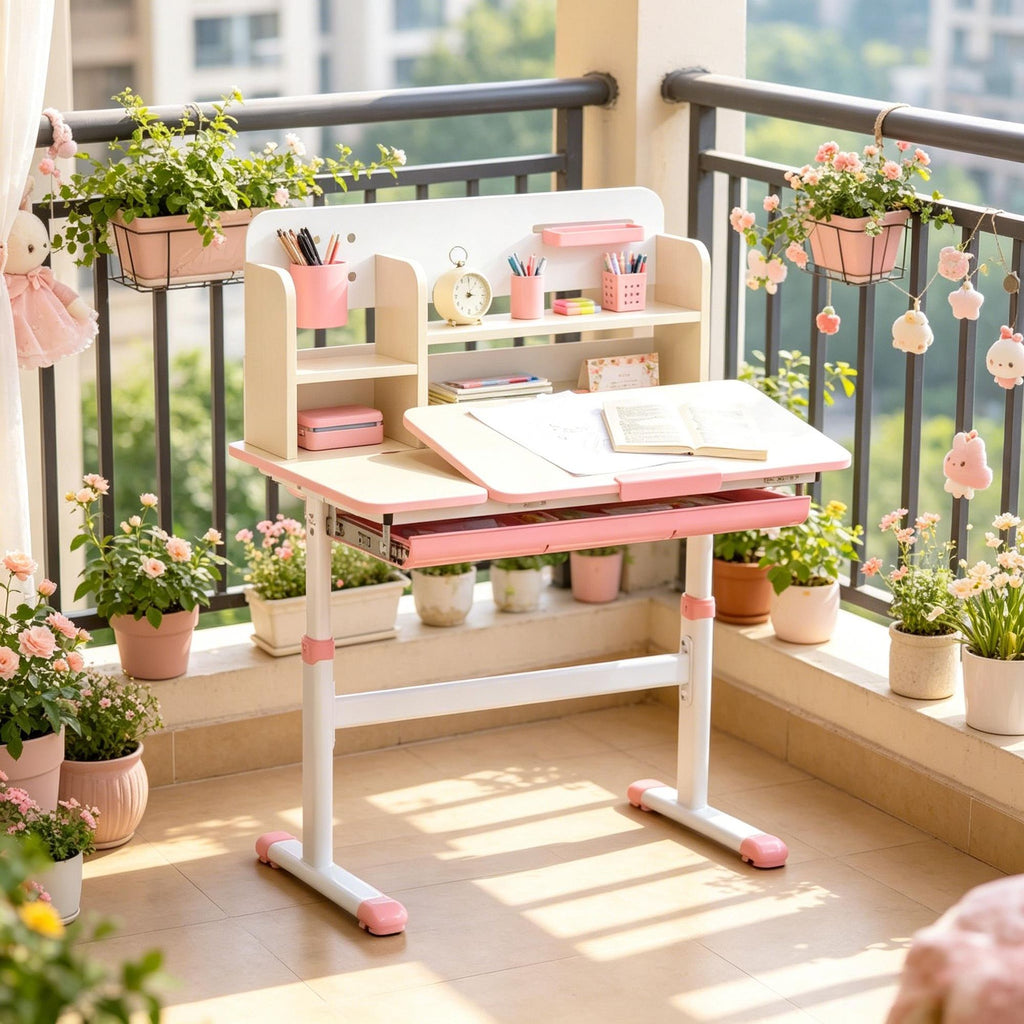 Pink Wooden  Desk  - Height Adjustable School Writing Table with Tilt Desktop Drawer Storage Shelf & Pen Holder