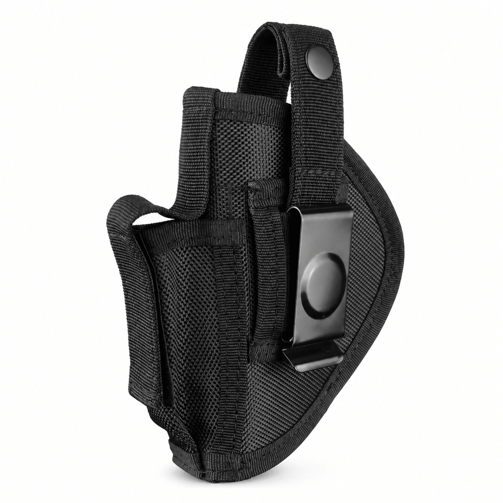 Pistol Holster with Metal Belt Clip and Snap Strap, Black