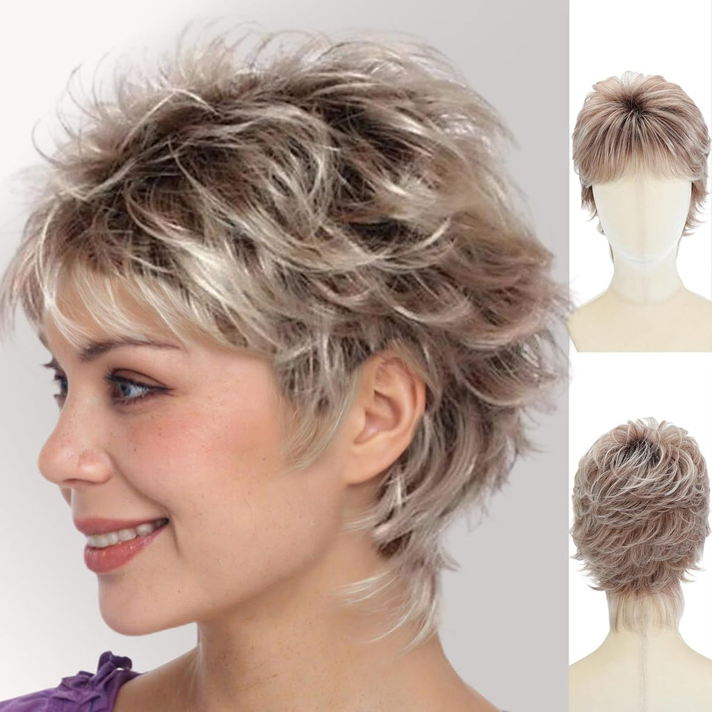 Pixie Cut Wig for White Women – Short Curly Dark Brown Ombre Blonde Wig with Bangs, Glueless Synthetic Wig with New Cap Design, Realistic Look Daily Wear Hair Replacement