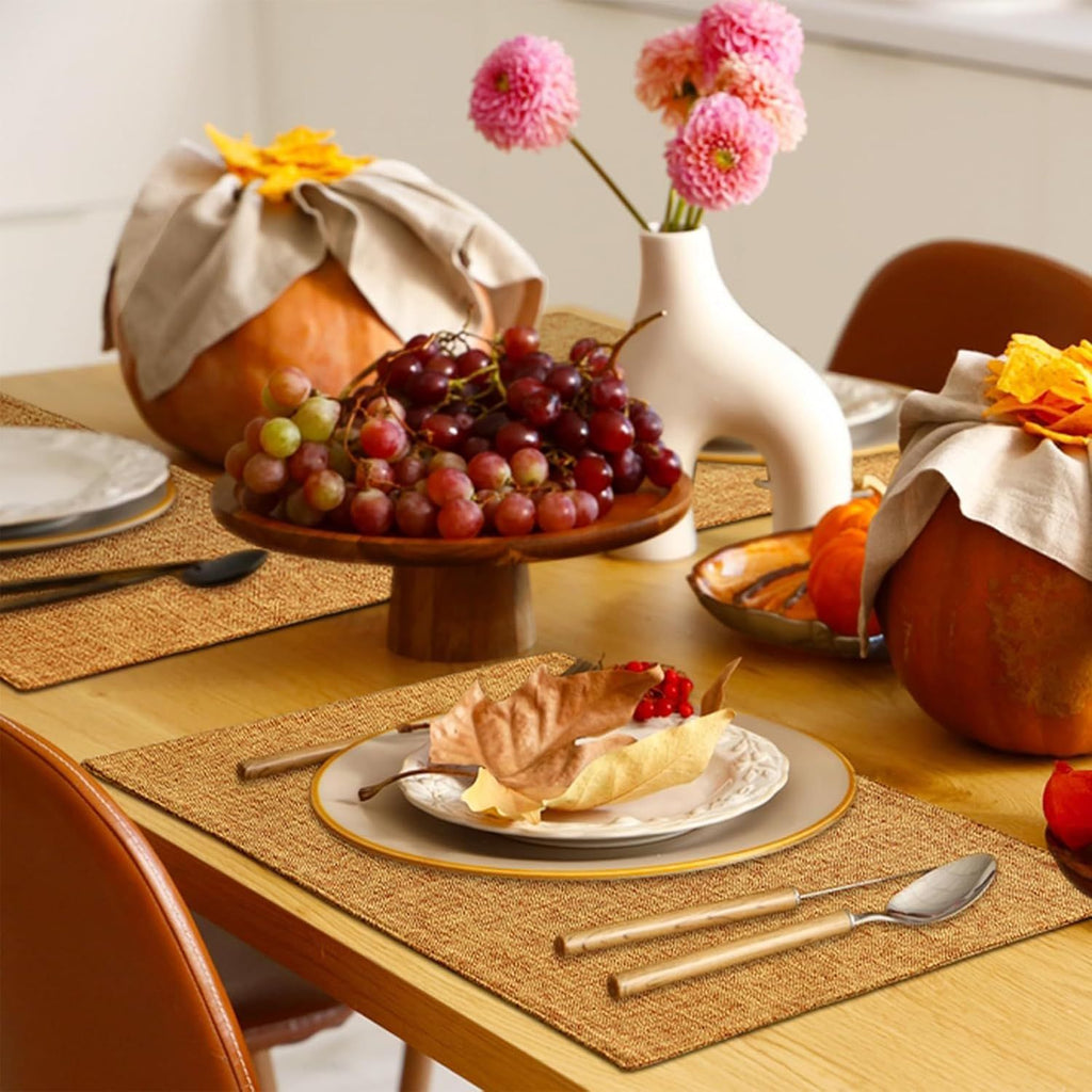 Placemats for Dining Table Set of 6, Heat Resistant Washable Cotton Linen Blend Table Mats, Easy to Clean Place Mats for Indoor Outdoor Party Kitchen Decoration, 13" x 19", Amber