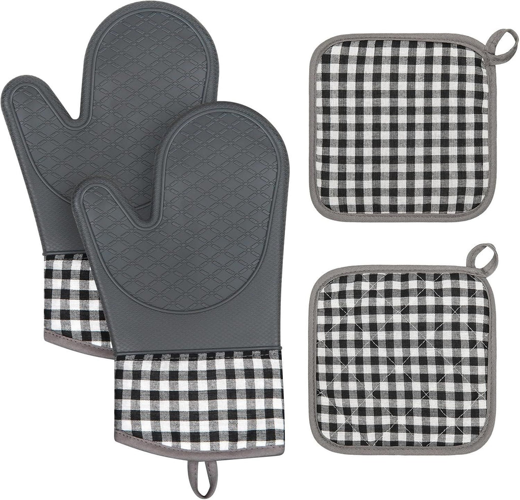Plaid Oven Mitts and Pot Holders 4-Piece Set, Oven Mitts Gloves Heat Resistant with Non-Slip Silicone Surface for Cooking Baking Grilling, Cotton Pot Holders Pads for Kitchen Cooking (Grey)