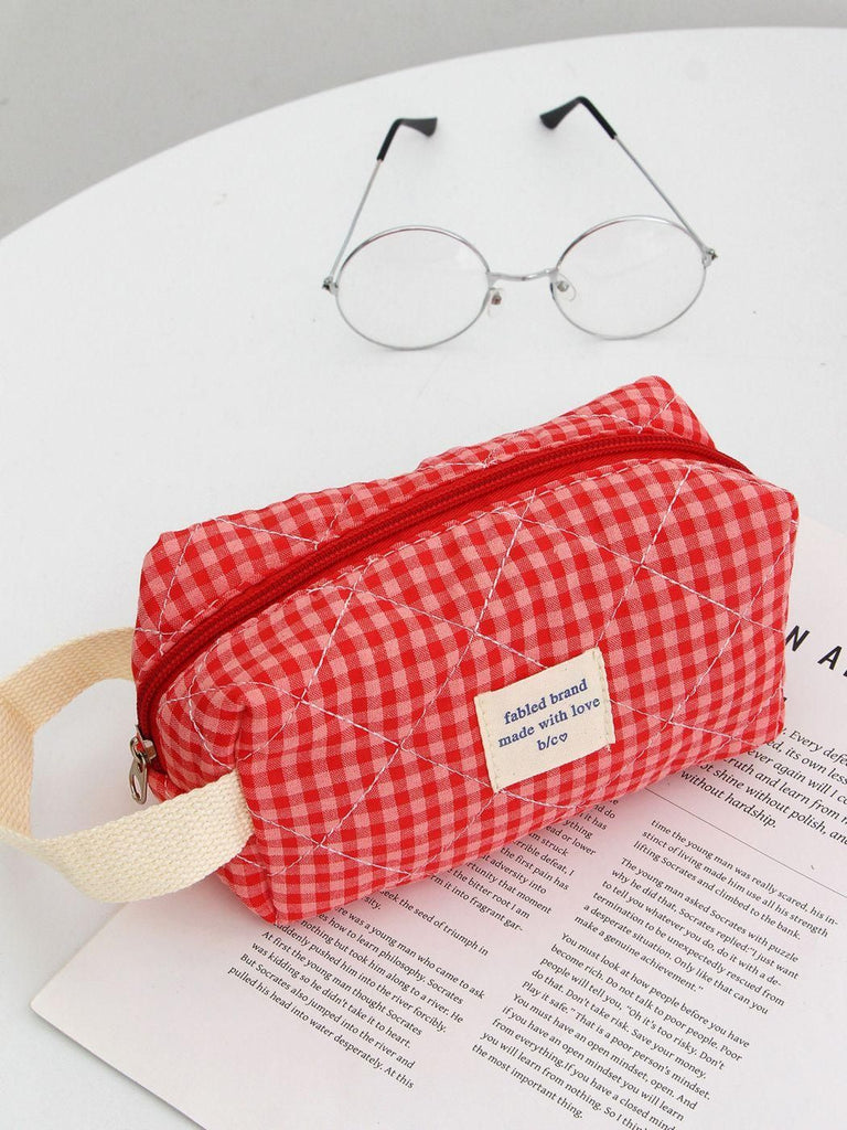 Plaid Quilted Handheld Cosmetic Bag, Mini Portable Cotton Fabric Storage Pouch, Student Pencil Case & Small Makeup Pouch