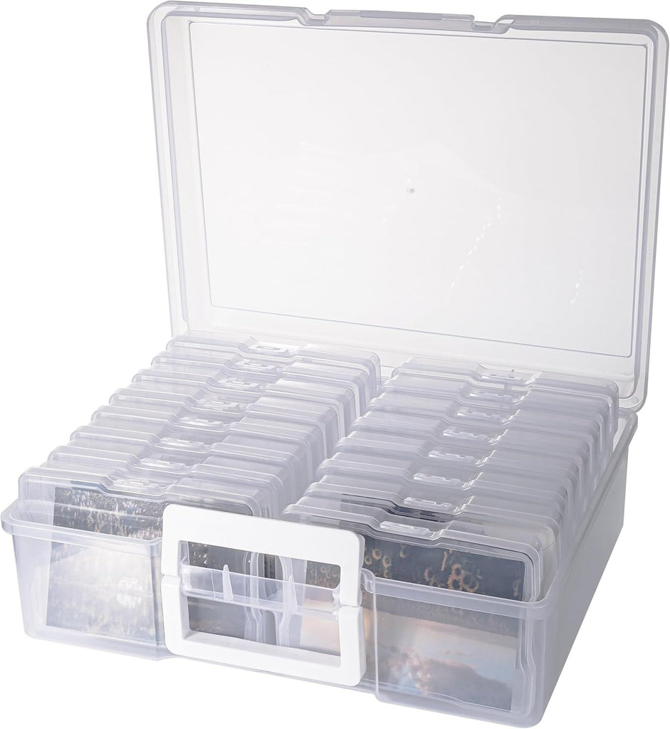 Plastic Clear Photo Storage Box Picture Storage Containers With Handle,16 inner 4×6 inch Photo Cases For Photos,Picture,Greeting Card,Stickers,Seed,Craft Supplies (Clear)