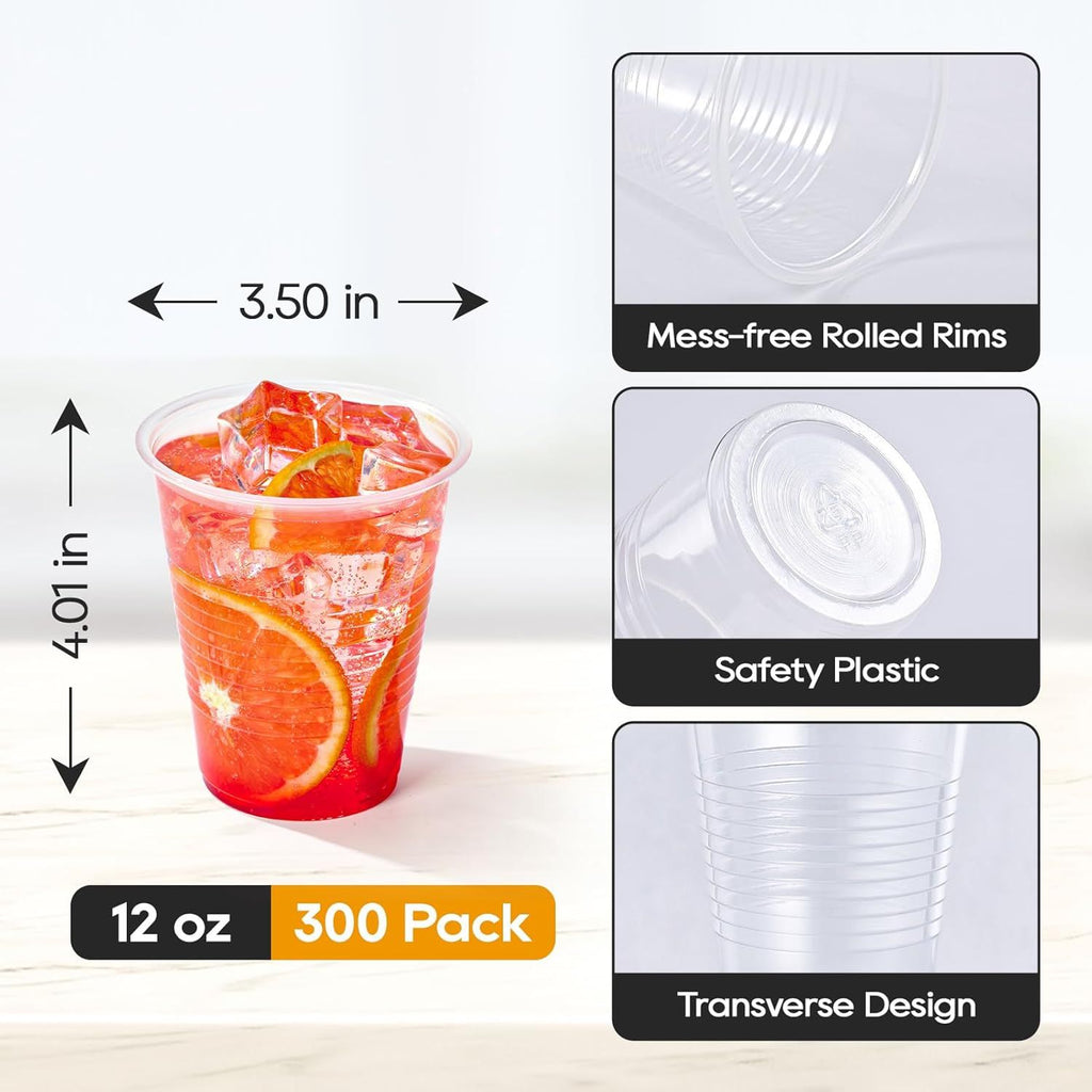 Plastic Cups 300 Pack Disposable Clear Drinking Cups for Home, School, Office & Events Transparent Tumblers for Drinks, Samples & Commercial Use