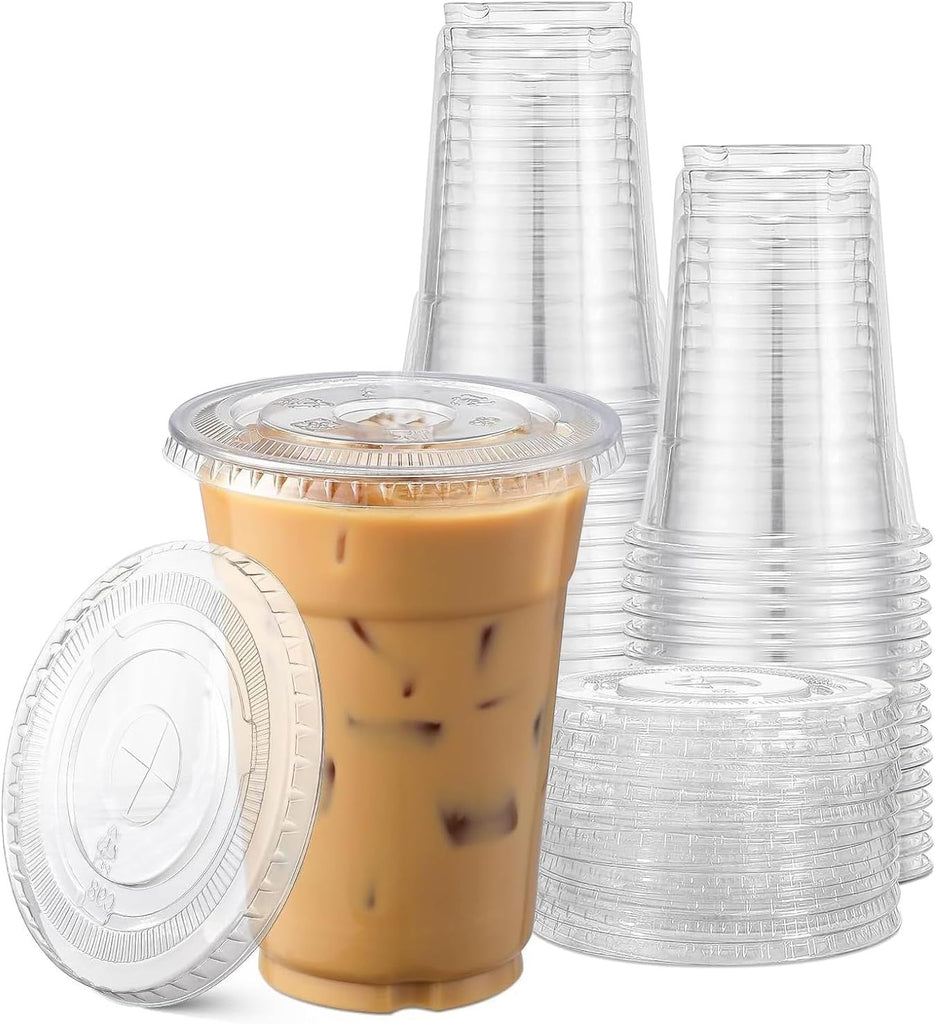 Plastic Cups with Flat Lids 100 Sets 16 oz, Clear Crystal drink cups with lids