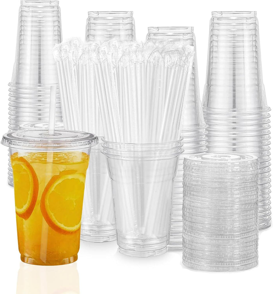 Plastic cups with lids and straws 16 oz 100sets [100 cups & 100 flat lids & 100 straws],clear crystal disposable iced coffee cups with lids