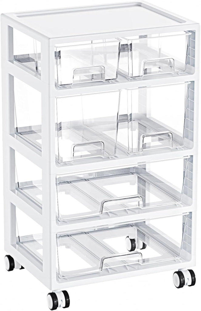 Plastic Drawer Storage Orangizer, 4 Tier 6 Drawers with Wheels for Office Supplies, Art Crafts, Under Desk Storage for Office, Bathroom, Dresser, 1 Pack/Clear