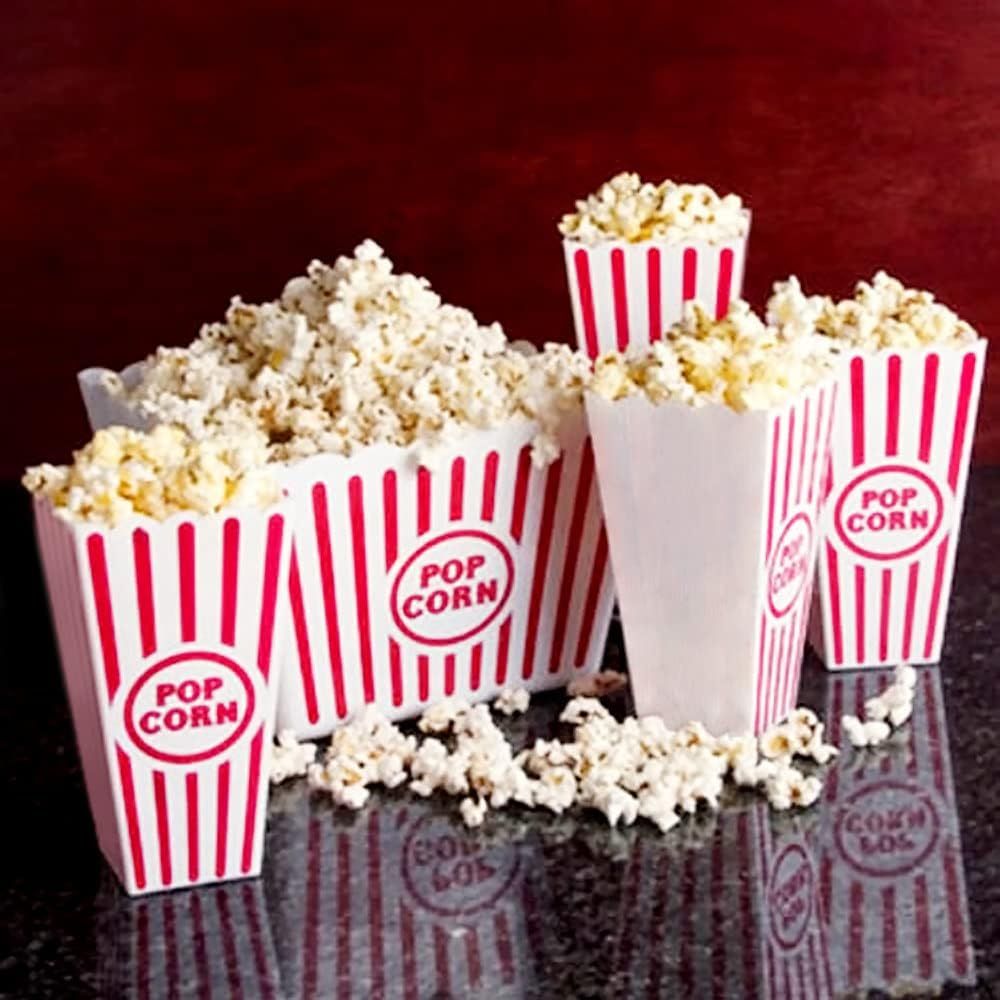 Plastic Red & White Striped Classic Popcorn Containers for Movie Night - 7.8" Tall x 3.8" Square (16 Pack)