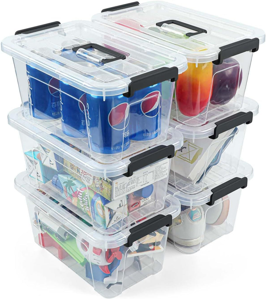 Plastic Storage Bins with Lids 6 Pack Storage Organizer, 7 Quart Stackable Storage Bins with Buckle-Up Latches and Handle easy for Home Office Pantry Organization, Clear Lids