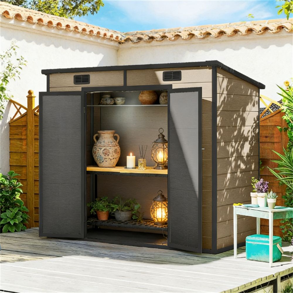 Plastic storage shed, tool room, garden room, light brown