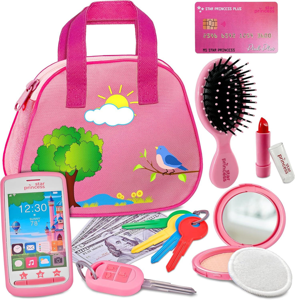 Play Purse for Kids with Accessories, Toys for Girls with Pretend Makeup, Keys, Smartphone, Dress Up Toy Purse for Toddlers and Kids - Birthday Gift for Little Toddler Girls Ages 3 4 5 6, Pink