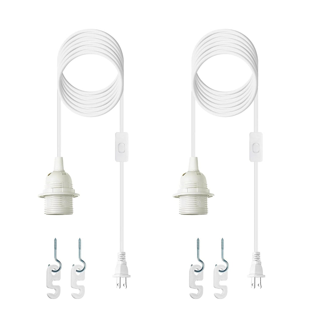 Plug in Light Socket - 16Ft Pendant Light Cord Kit E26/E27 Light Socket Hanging Lantern Lamp Cord with On/Off Switch, Socket Rings, 2 Pack, White