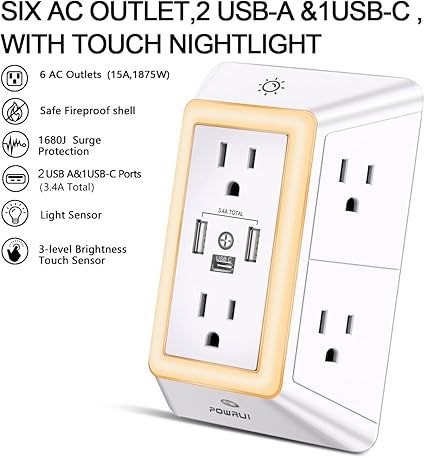 Plug Outlet Surge Protector Extender USB Ports Night Light
