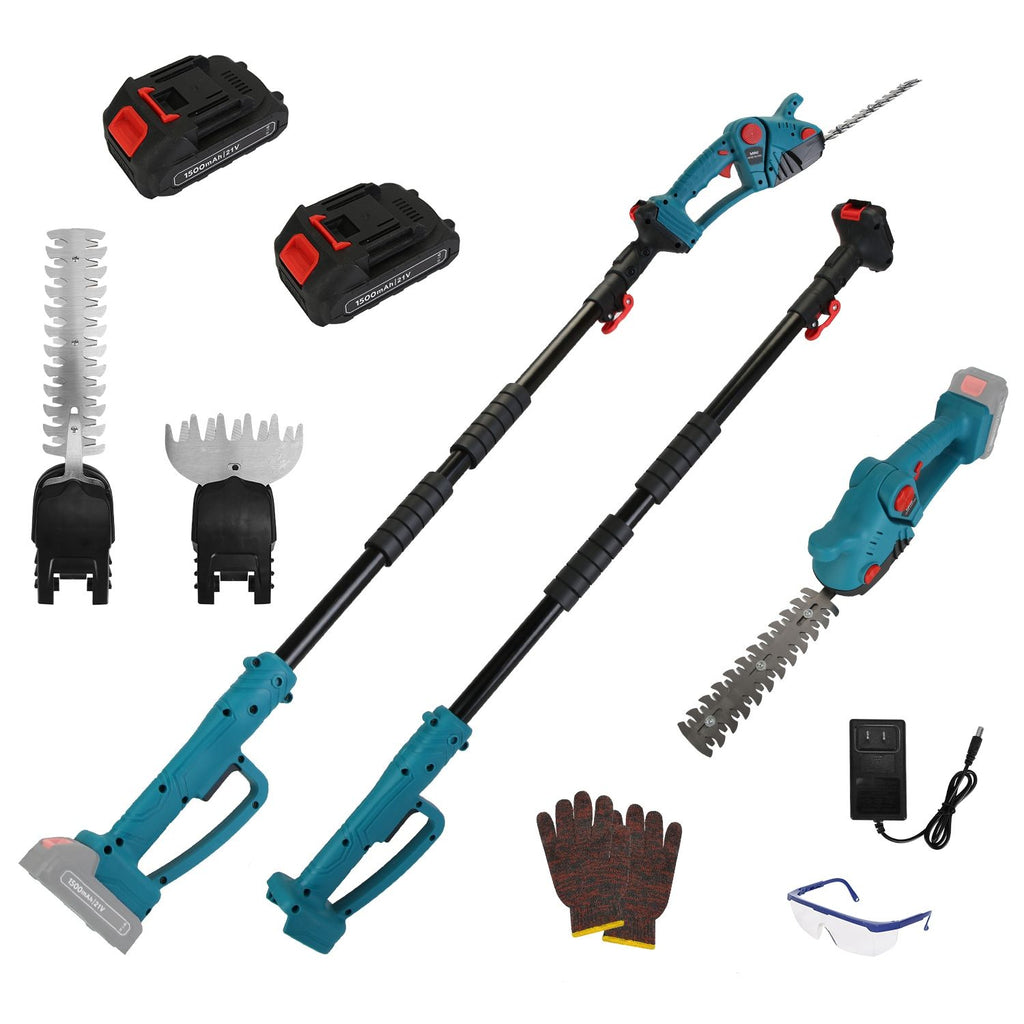 Pole Mini Hedge Trimmer & Grass Shear Electric Cordless Handheld Hedge Trimmer with 90° Rotatable Head Telescopic Extension Pole Gloves Goggles 2Pcs 21V Batteries