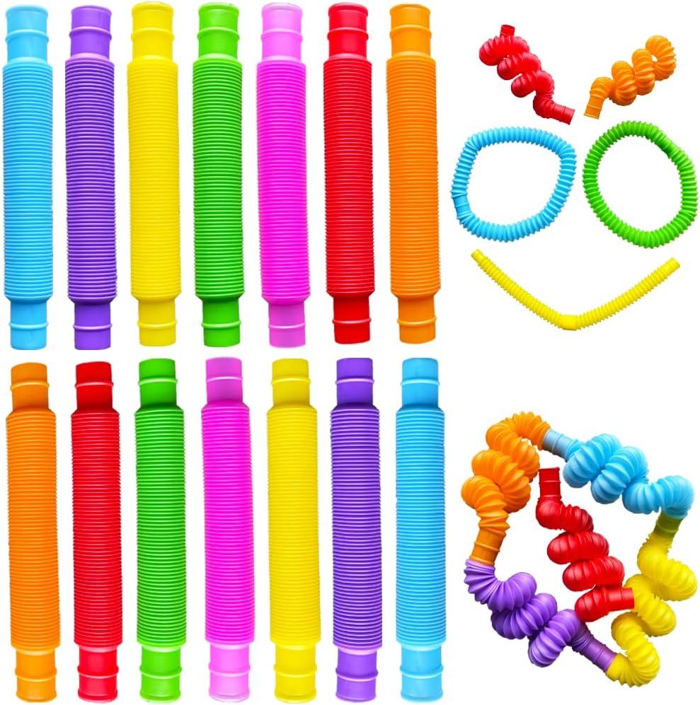 Pop Tubes, 14Pack Pop Tube Fidget Toys for Kids  Toys for Children and Adult, Fidget Tubes for Stress and Anxiety Relief