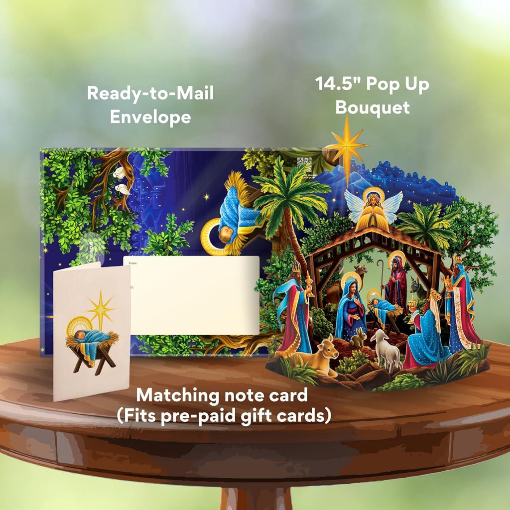 Pop Up Cards, 15 Inch Starlit Nativity, Pop Up 3D Greeting Cards, Paper Nativity Scene Decoration, Christmas Card, Holiday Card, Blank Notecard & Envelope
