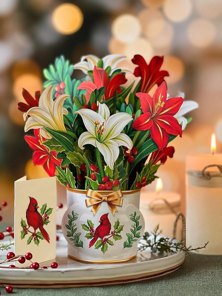 Pop Up Cards, Winter Joy, 12 Inch Life Sized Forever Flower Bouquet 3D Popup Greeting Card, Christmas Cards, Holiday Card, Blank Notecard & Envelope