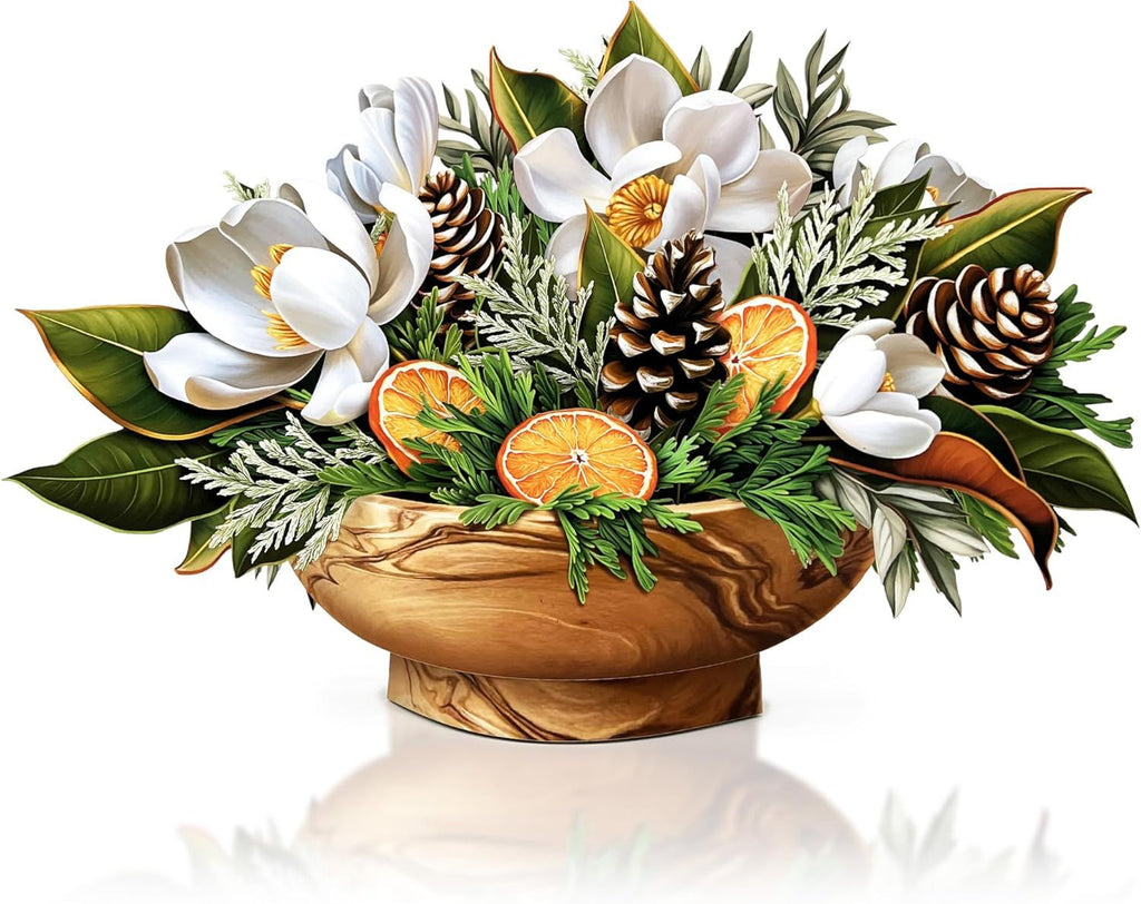Pop Up Cards, Winter Magnolia, 15 Inch Life Sized Forever Flower Bouquet 3D Popup Christmas Card, Holiday Card, Blank Notecard & Envelope