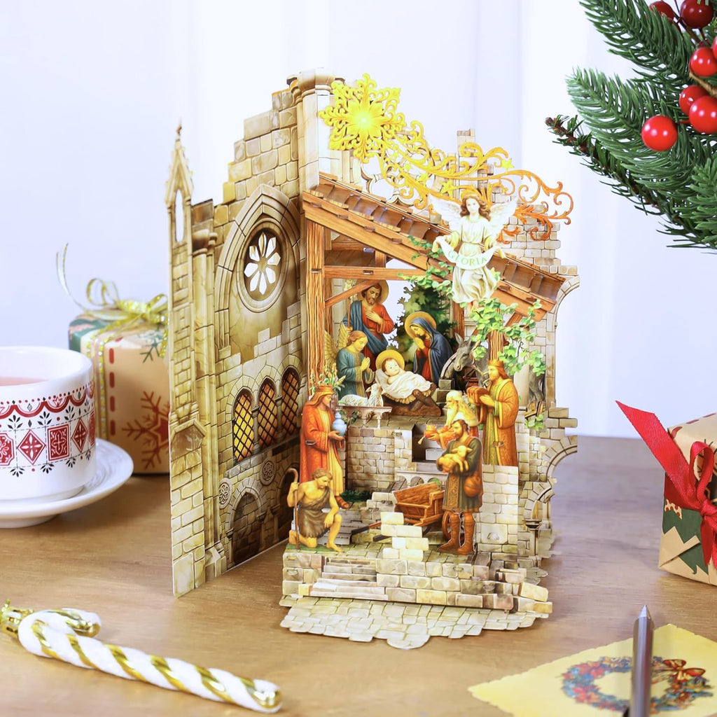 Pop up Christmas Cards Nativity, Holy Night Nativity, 3D Elegant Religious Card with Envelope for Holiday, Manger Scene, Angel, Jesus Christ, Holy Family Handcrafted Decoration, Merry Christmas Gift