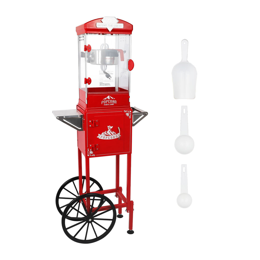 Popcorn Machine with Cart ,Wheels & 10 Oz Kettle Popcorn Maker Measuring 3 plastic spoon Home Theater Popcorn Machine-Red