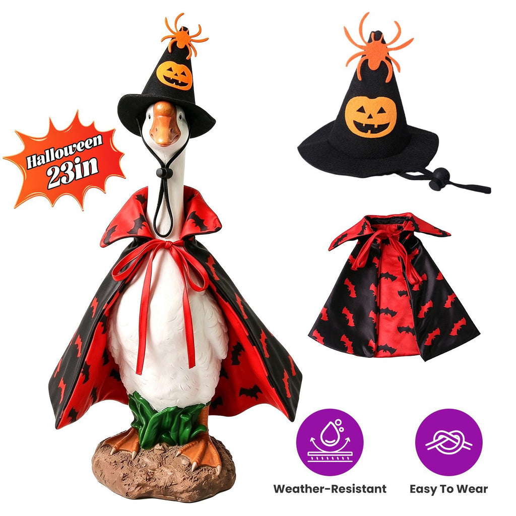 Porch Goose Halloween Costume for 23" Goose Statue Sparkling Sequin Goose Costume with Pumpkin Spider Wizard Hat Halloween Yard Decor