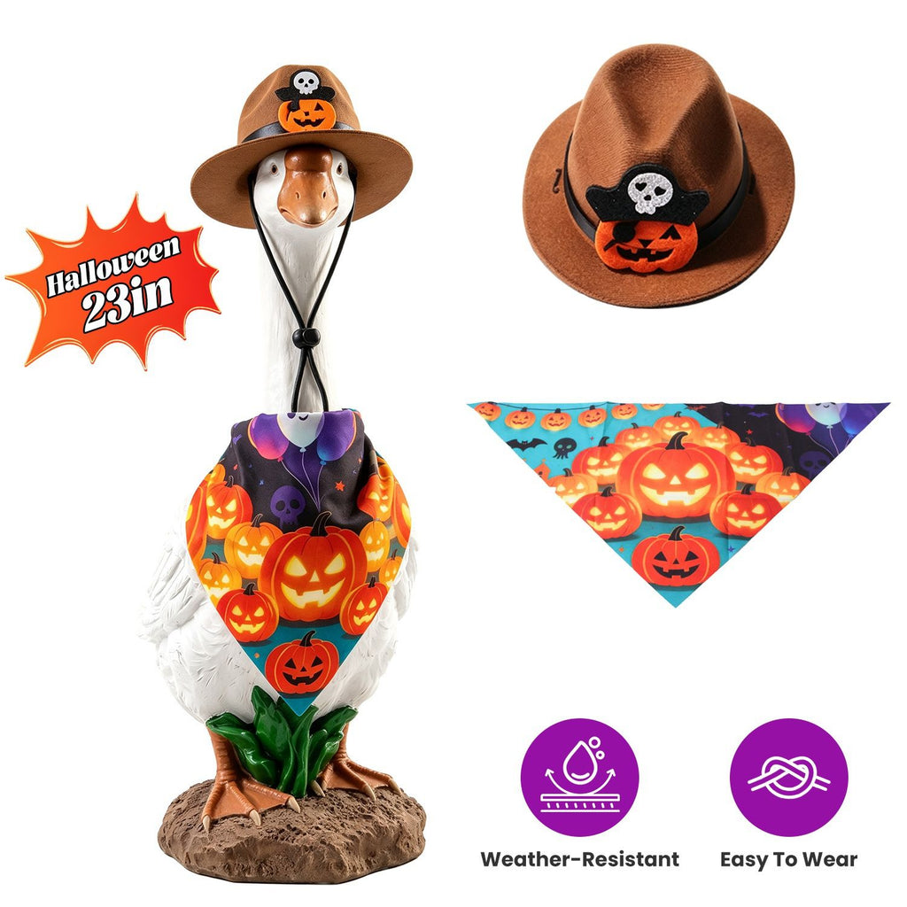 Porch Goose Halloween Costume for 23" Goose Statue Sparkling Sequin Goose Costume with Pumpkin Spider Wizard Hat Halloween Yard Decor