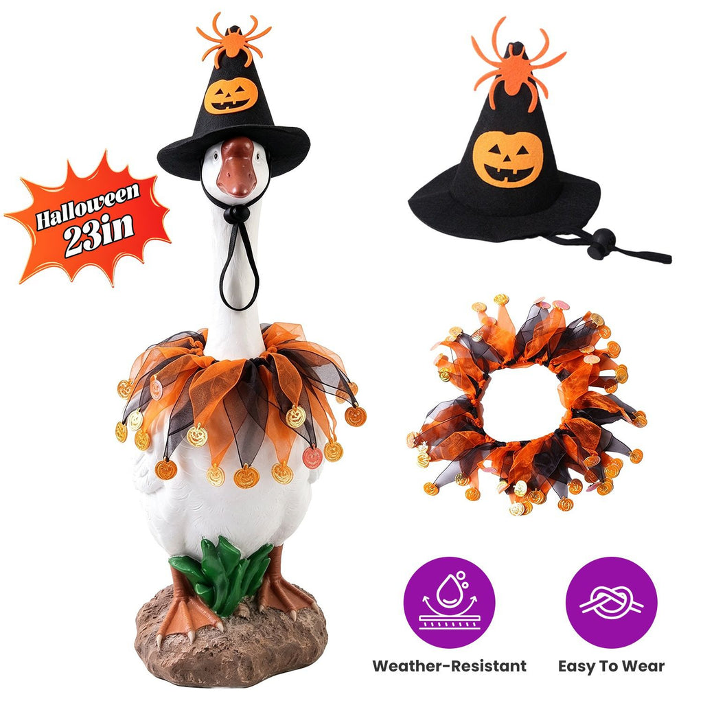 Porch Goose Halloween Costume for 23" Goose Statue Sparkling Sequin Goose Costume with Pumpkin Spider Wizard Hat Halloween Yard Decor