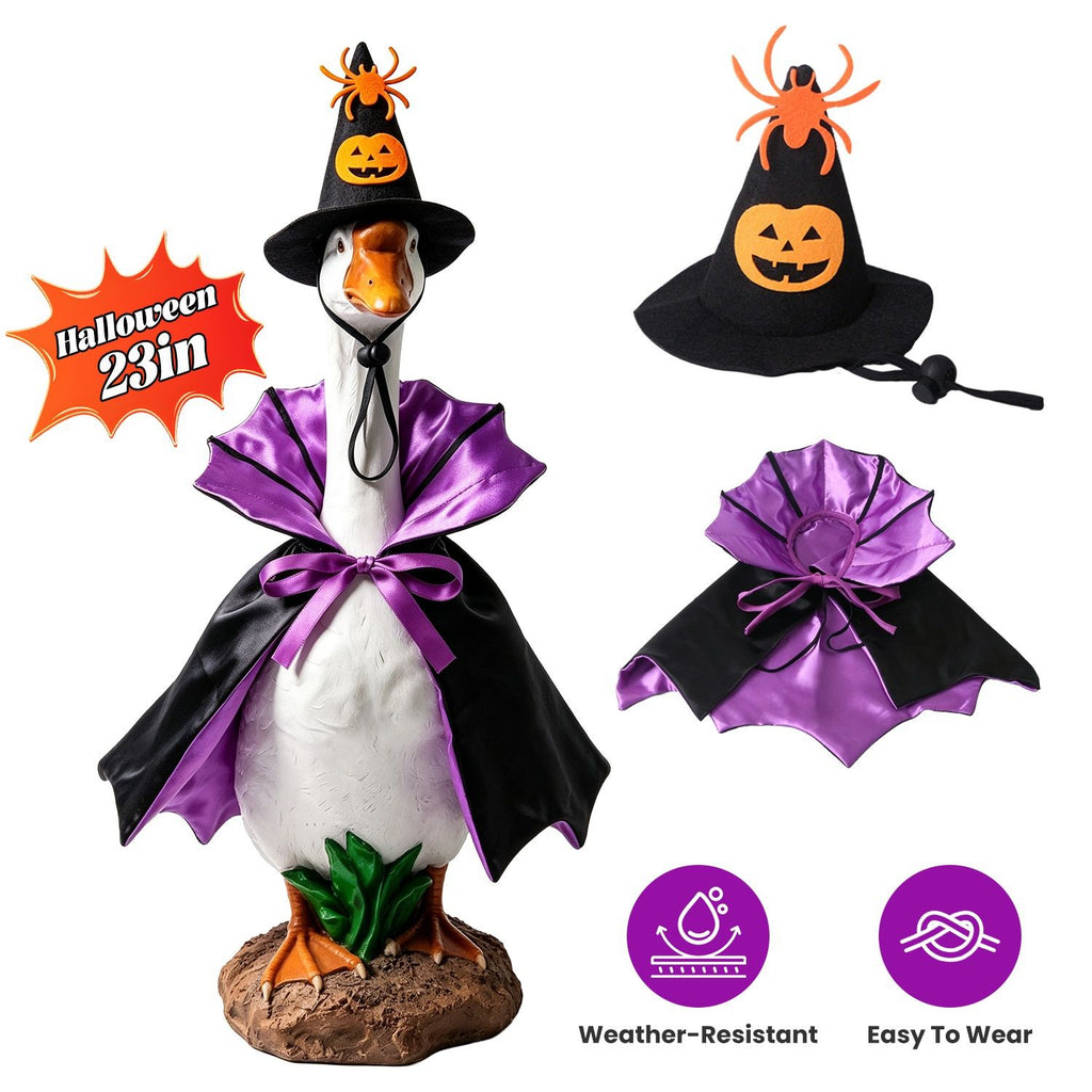 Porch Goose Halloween Costume for 23" Goose Statue Sparkling Sequin Goose Costume with Pumpkin Spider Wizard Hat Halloween Yard Decor