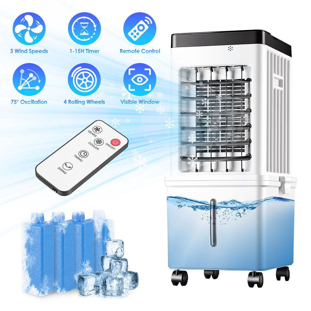 Portable Air Cooler Fan 12L Evaporative Air Conditioner with 3-Speed Dual Water Tank Touch & Remote Control 4 Wheels 4 Ice Packs Oscillation 15H Timer Visible Window for Bedroom Office Home