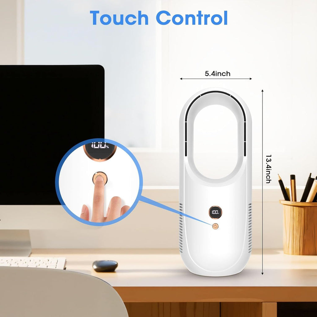 Portable Bladeless Desk Fan, Rechargeable Small Personal Cooling Table Fan with 6 Speed Modes, Quite Fan with LED Panel for Bedroom, Home, Office
