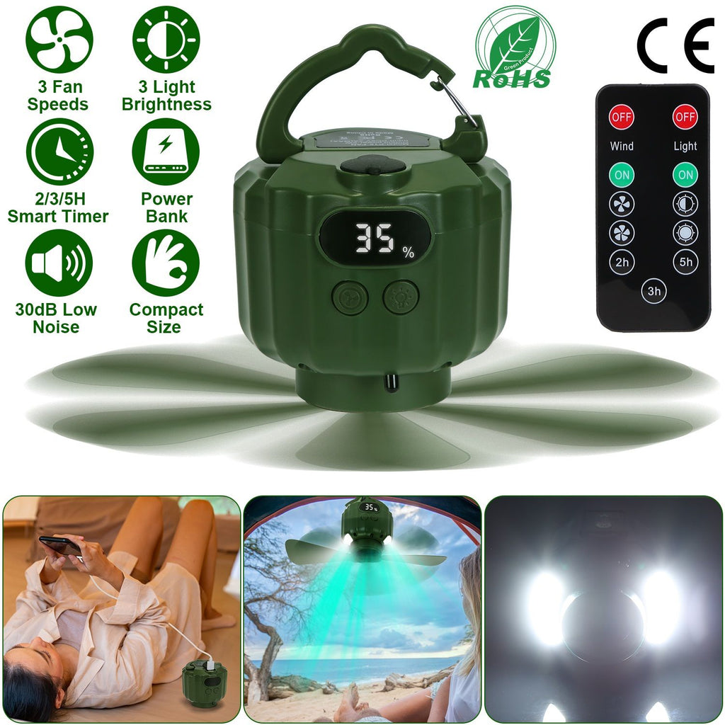Portable Camping Ceiling LED Fan 10400mAh USB Battery Powered Hanging Tent Lantern Fan Power Bank with 3 Fan Speed 3 Light Brightness Smart Timer Display Remote Control