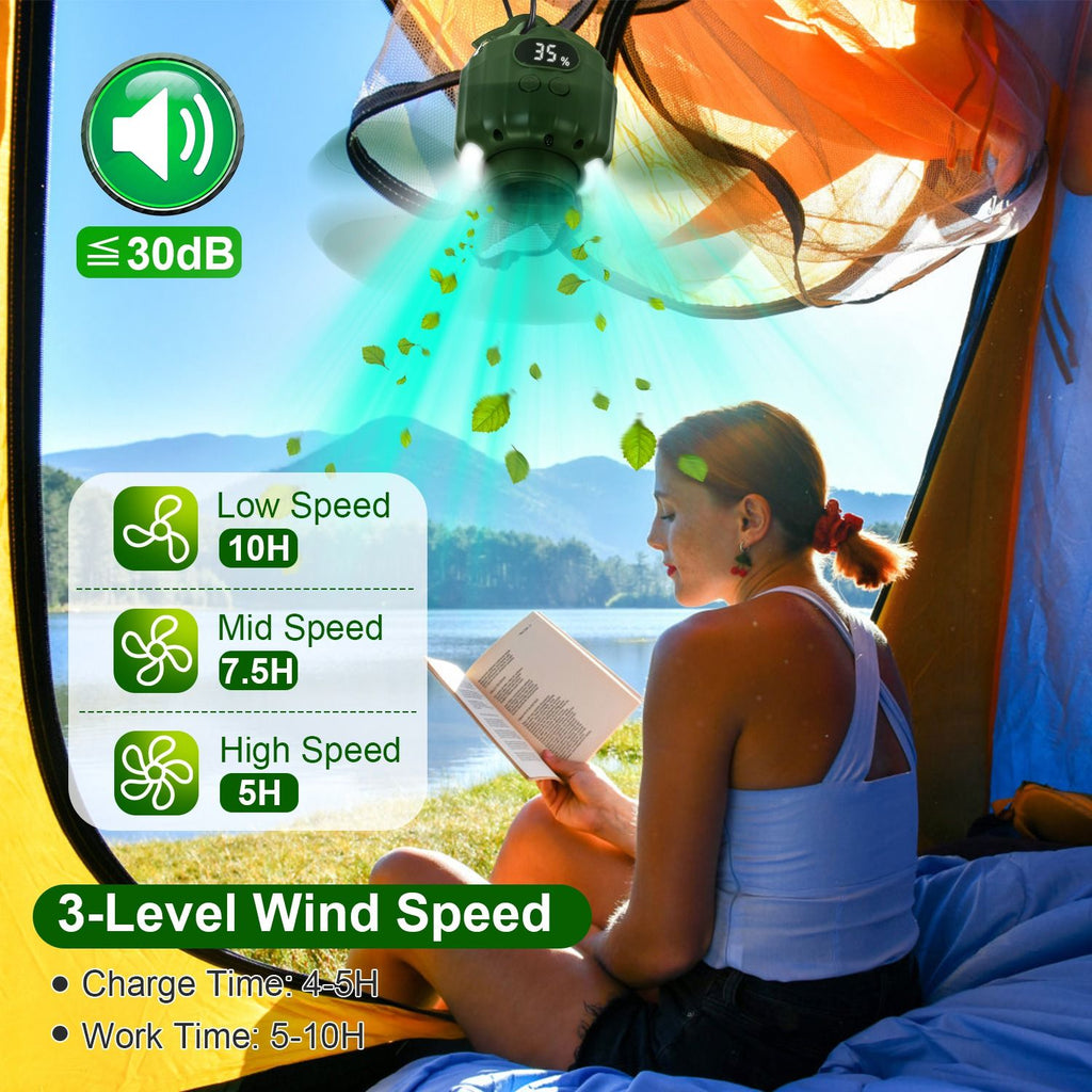 Portable Camping Ceiling LED Fan 10400mAh USB Battery Powered Hanging Tent Lantern Fan Power Bank with 3 Fan Speed 3 Light Brightness Smart Timer Display Remote Control