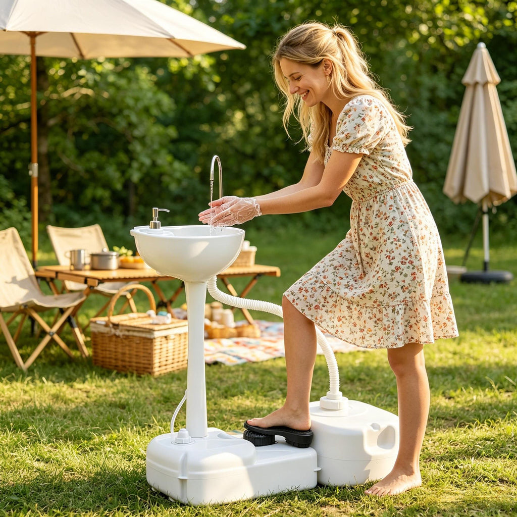 Portable Camping Sink Handwashing Station Basin with 4.5 Gal Tank 6.3 Gal Recovery Tank Rolling Wheels Soap Dispenser for RV Outdoor Events Gatherings  White
