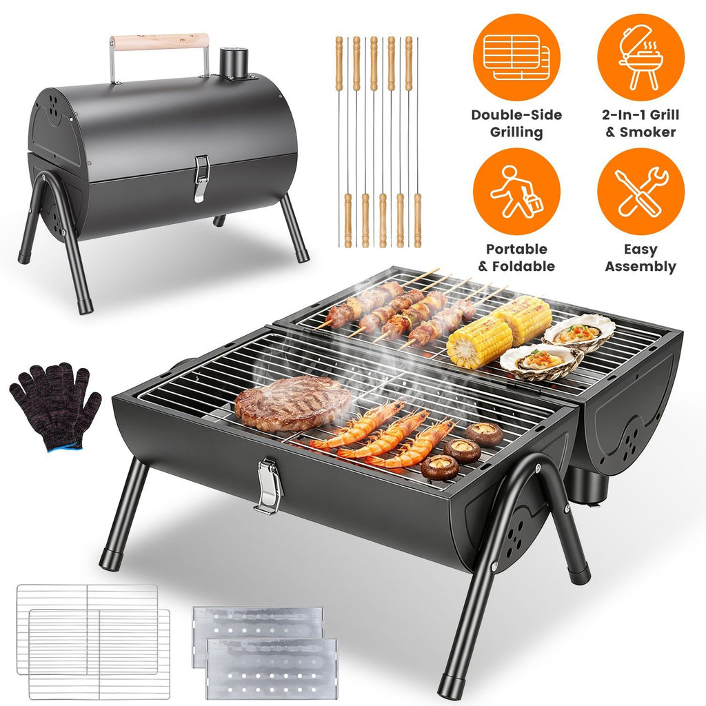 Portable Charcoal Grill Foldable BBQ Grill with Double-Sided Cooking Design, Chimney Vent, 10 Stainless Steel Skewers Carry Handle Outdoor Barbecue Grill for Camping Picnic Beach Backyard