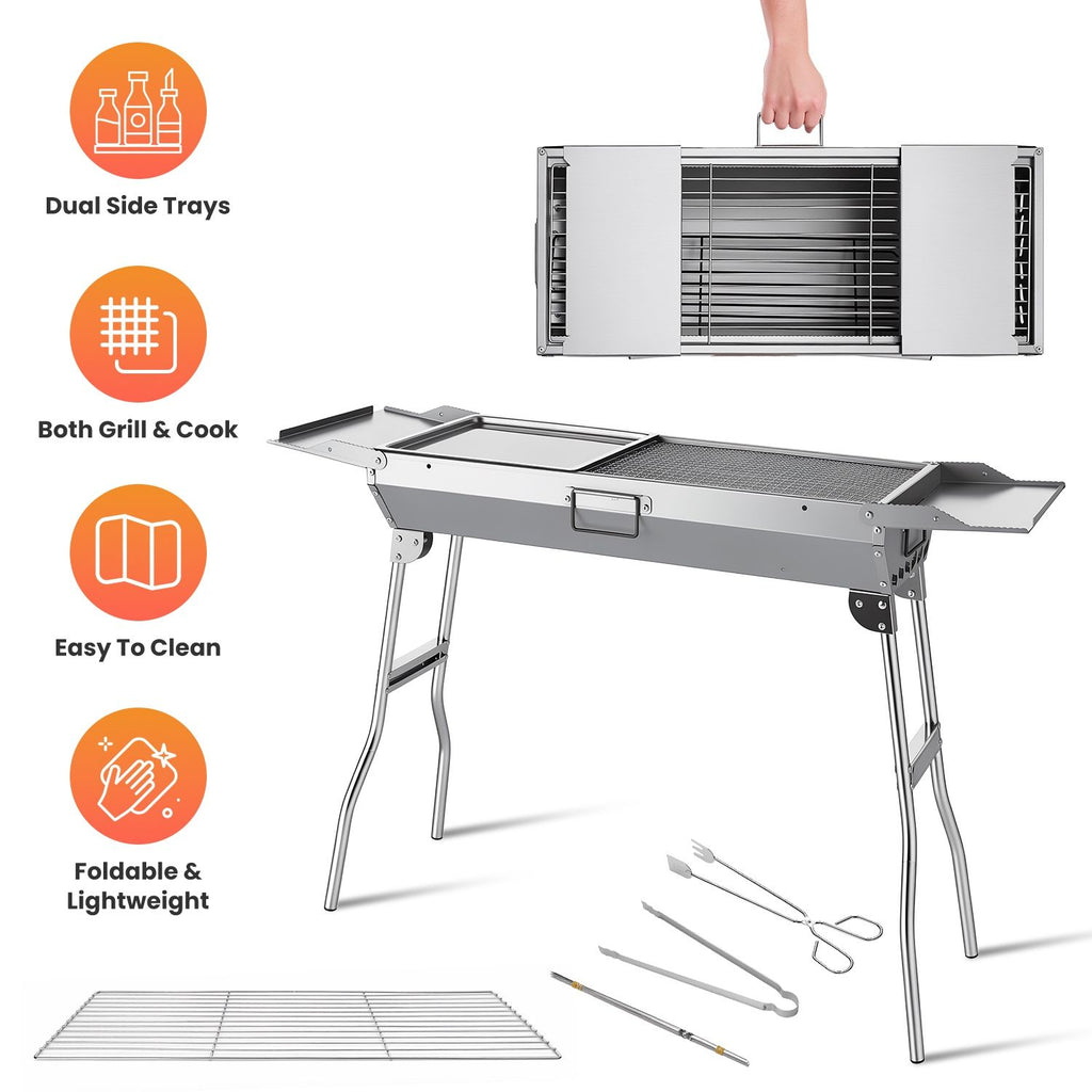 Portable Charcoal Grill with Folding Legs & Side Trays Stainless Steel Outdoor BBQ Grill with Large Cooking Grate Charcoal Mesh Grill Pan & Accessories for Backyard Tailgate Party