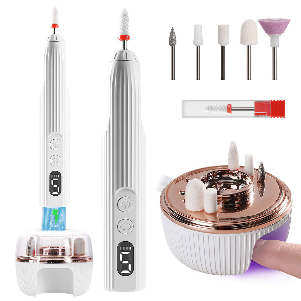 Portable Cordless Electric Nail Drill Kit Charging Base With UV Nail Dryer 6Pcs Nail Drill Bits 5Speeds Direction Control Timer Setting For Acrylic Gel Nails Polish Manicure Pedicure