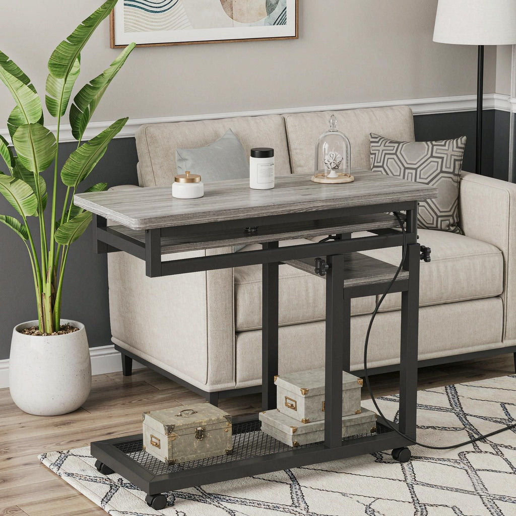Portable Desk Side Table with Power Outlet Mobile C Table for Bedroom Or Office Use