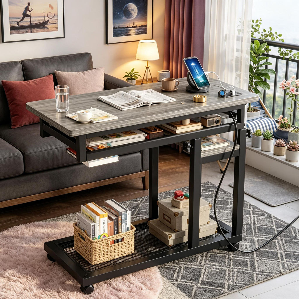Portable Desk  with Power Outlet Mobile C Table for Bedroom Or Office Use